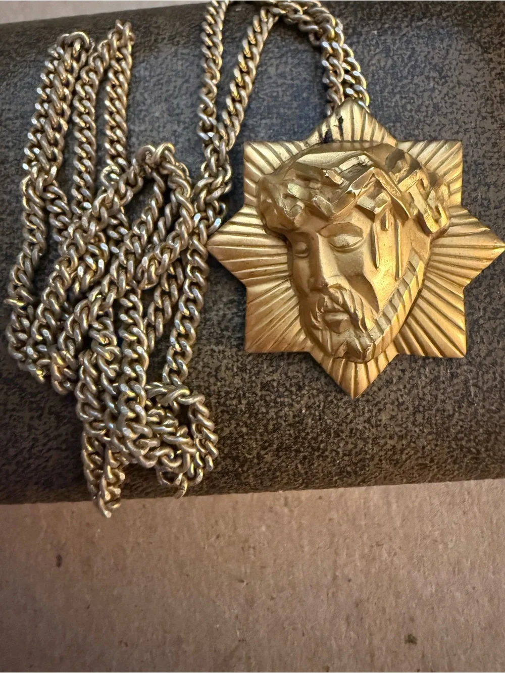 Theda Jesus Face charm with chain 12k GP